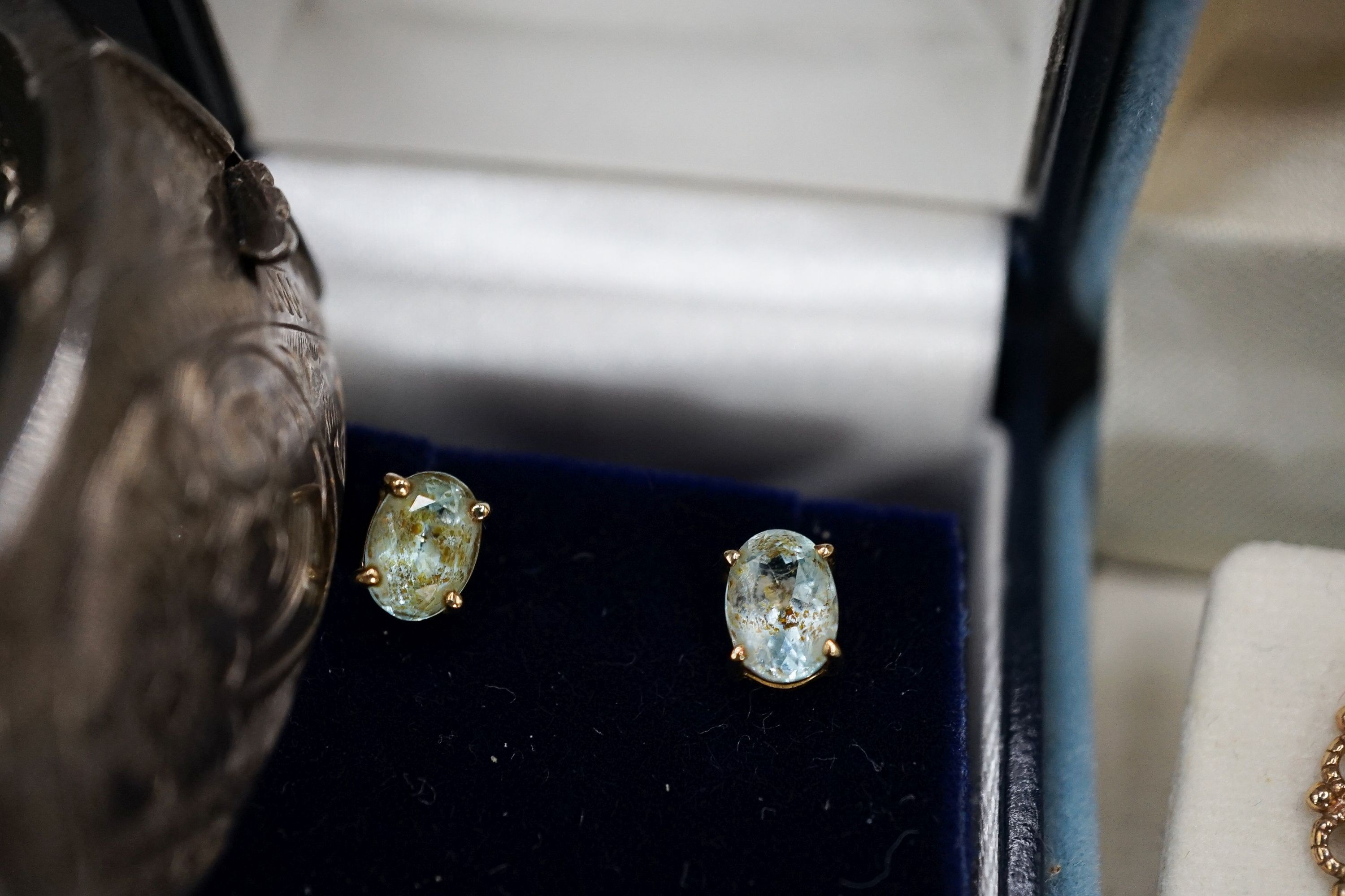 Two pairs of semi precious gem set ear rings including one 9ct gold set and a boxed silver bangle.